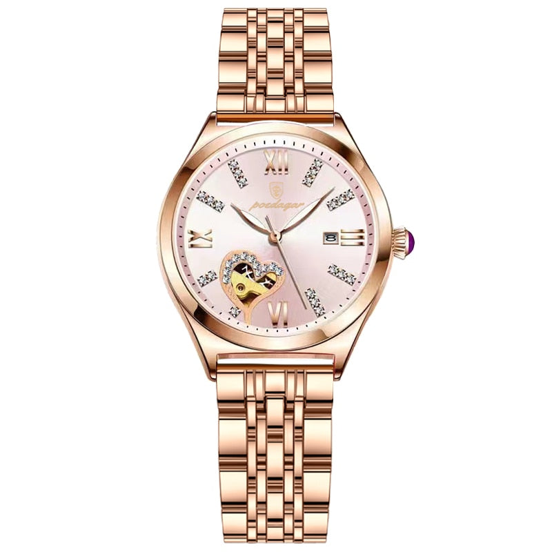 POEDAGAR-relojes de acero inoxidable para mujer, pulsera de cuarzo resistente al agua, color oro rosa